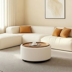 E933 $80  29.5 Inch Round Storage Ottoman Coffee Table,Modern Circle Coffee Table with Storage with Removable Lid Top and Solid Wood Legs,Large Round 