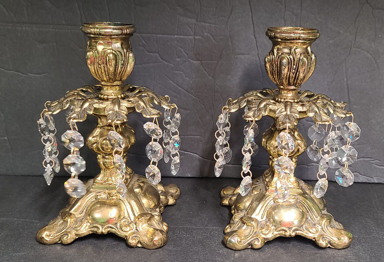 Beautiful Vintage Pair Of Glass Prism Taper Candle Holders 