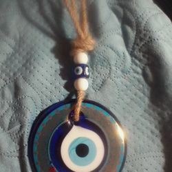 Turkish protector Blue Glass evil eye with beads wall hanger 14 karat gold around the circle talisman 10 inches long four wide rare