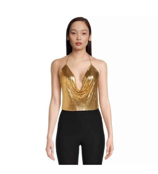 No Boundaries Women's Draped Neck Chainmail Halter Top, Gold Color