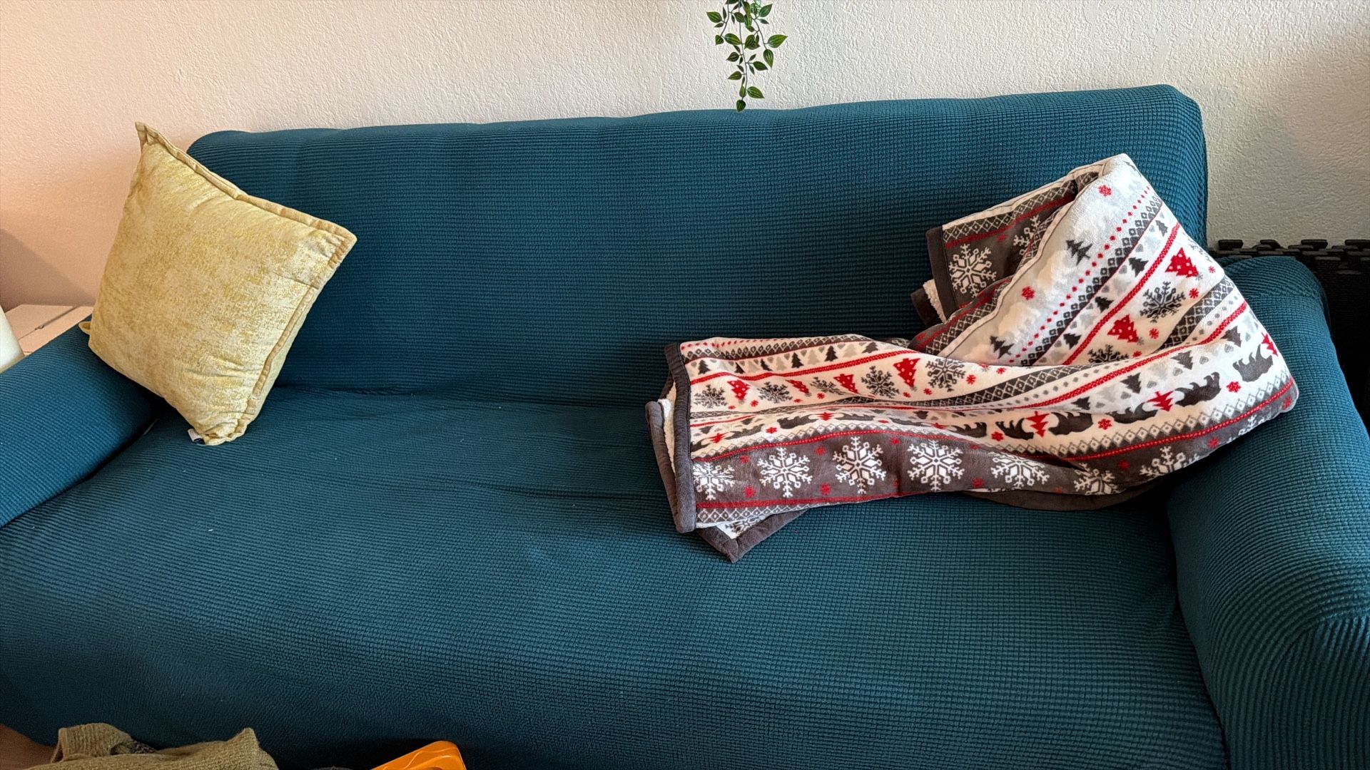 Beige With Green Cover 3-Seater Sofa – Clean, Comfy, Sturdy