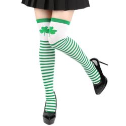 New Women’s One Size Green & White Striped Shamrock Thigh-High Stockings
