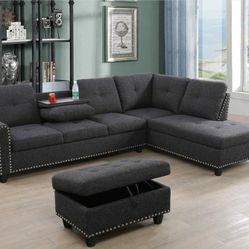 Brand New Charcoal Gray Linen Fabric Sectional With A Drop Down Table Built In Cup Holders & Storage Ottoman 