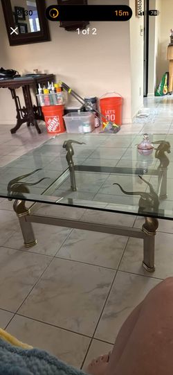 Not Signed LeBarge LaBarge Brass & Brushed Chrome Ram Gazelle 38” Square Beveled Glass Coffee Cocktail Table.