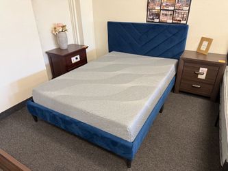Blue Velvet Upholstered Platform Bed Frame