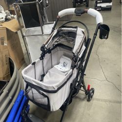 New Foldable Pet Stroller for Small Dogs and Cats, Gray with Canopy Cup Holder and Storage Basket