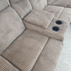 Corduroy Brown Sectional with 2 recliners, cup holders and storage