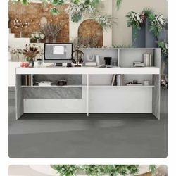 New in box Homsee Modern Minimalist Reception Desk with Spacious Countertop and Open Shelves, 020491-01 