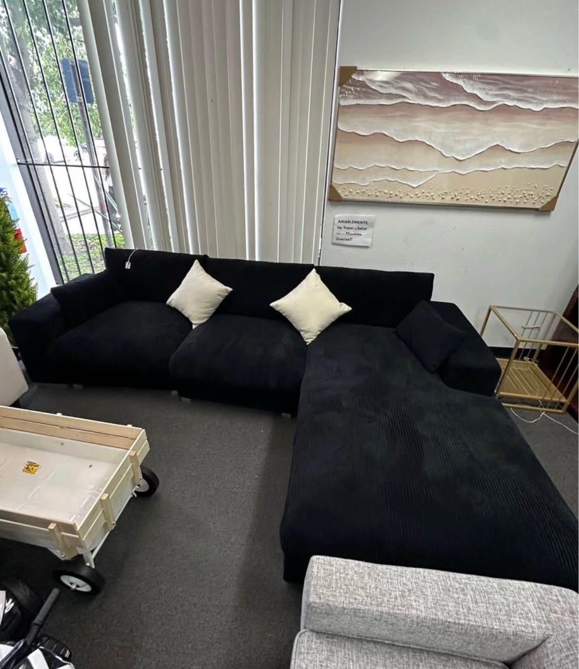 New 113” Black Corduroy Fabric Sectional Sofa L-Shape Sofa