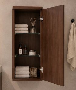 Modern Walnut Linen Tower – 14” x 12” x 43” – Bathroom Storage Cabinet