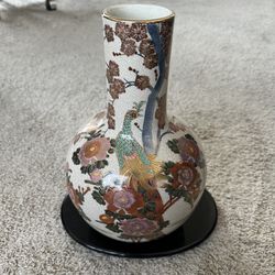 Antique Japanese Satsuma Vase With Peacocks and Flowers
