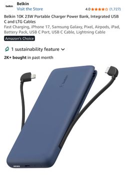 Belkin 10K 23W Portable Charger Power Bank, Integrated USB C and LTG Cables NEW IN BOX