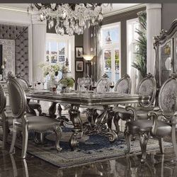 ANTIQUE PLATINUM FINISH 7 PIECE FORMAL DINING ROOM TABLE SET