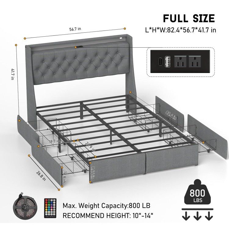 Full Size Bed Frame with 4 Storage Drawers and LED Lights, Upholstered Platform Full Bed with Button Tufted Headboard and Charging Station,