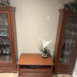 Two Curio Cabinets And TV Stand