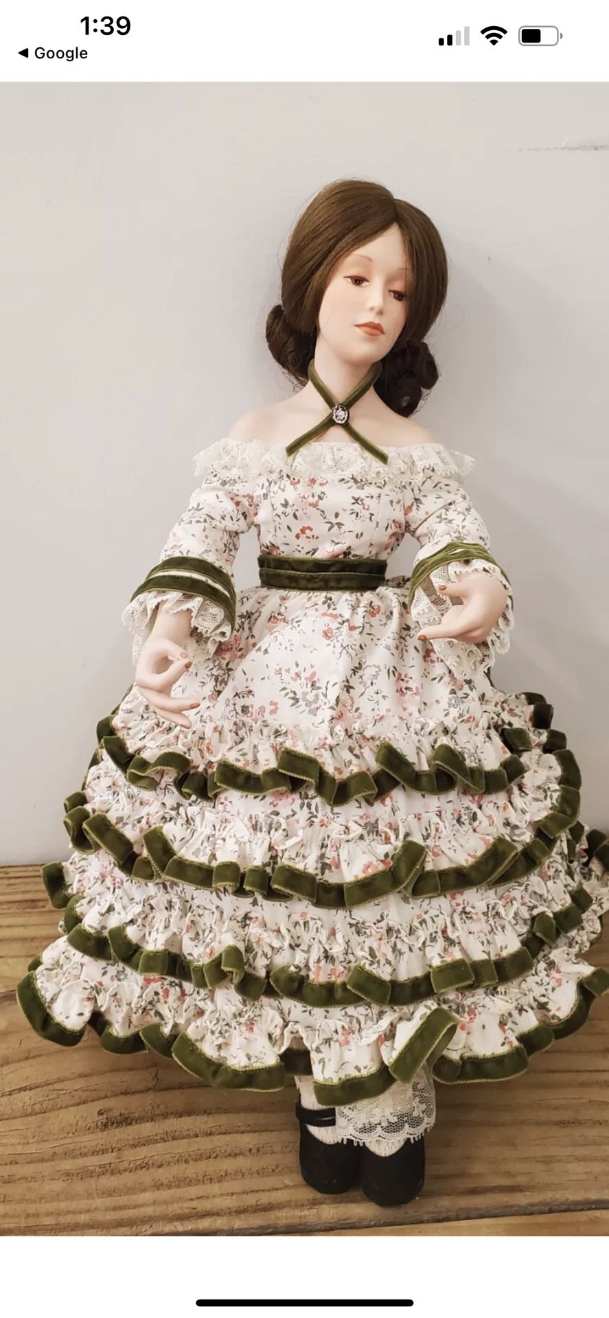 1988 Curtis Publishing Co Porcelain Doll Woman Green Velvet Trim Floral Dress