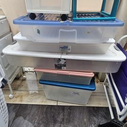 PLASTIC STORAGE BINS AND DRAWERS $3 TO $10