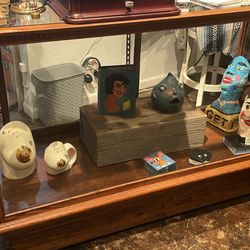 Antique Wooden Display Cabinet With Original Wavy Glass