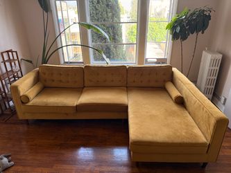 Gold/Dark Yellow Velvet Sectional Sofa with Chaise – Mid-Century Modern Style