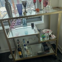 Gold, Mirrored Bar Cart with Wine Rack and Glass Holders (no glassware included)