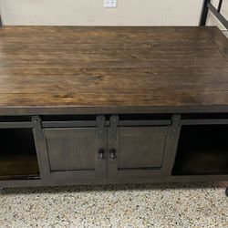 50” W Rustic Wood Barn Door Rolling TV Stand or Coffee Table with media shelving 30” D