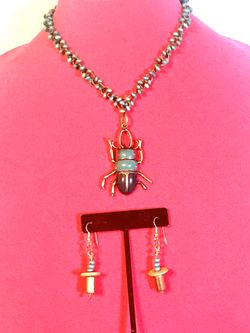 Egyptian Enameled Beetle Necklace & Earrings