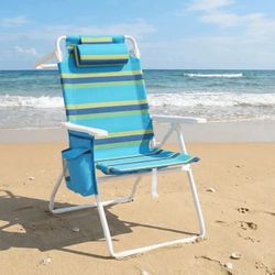 High Backpack Beach Chair for Adults, W/ 5-Position Lay Flat, Headrest, Storage Bag, Cooler Pouch, Towel Bar, Foot Mat, for Tanning