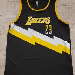 NBA Lakers #23 Lebron James Black and Yellow Jersey Size L