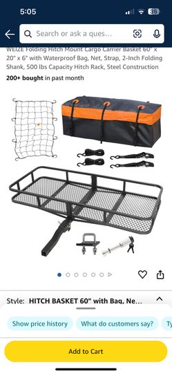 Folding Hitch Mount Cargo Carrier Basket 60" x 20" x 6" with Waterproof Bag, Net, Strap, 2-Inch Folding Shank, 500 lbs Capacity Hitch Rack, Steel Cons