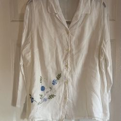 White Top With Blue Embroidery Flowers Size 16