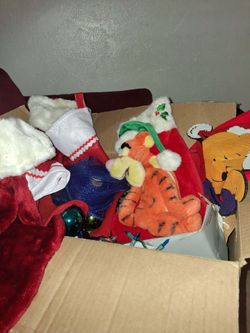 Christmas lights, ornaments and stockings