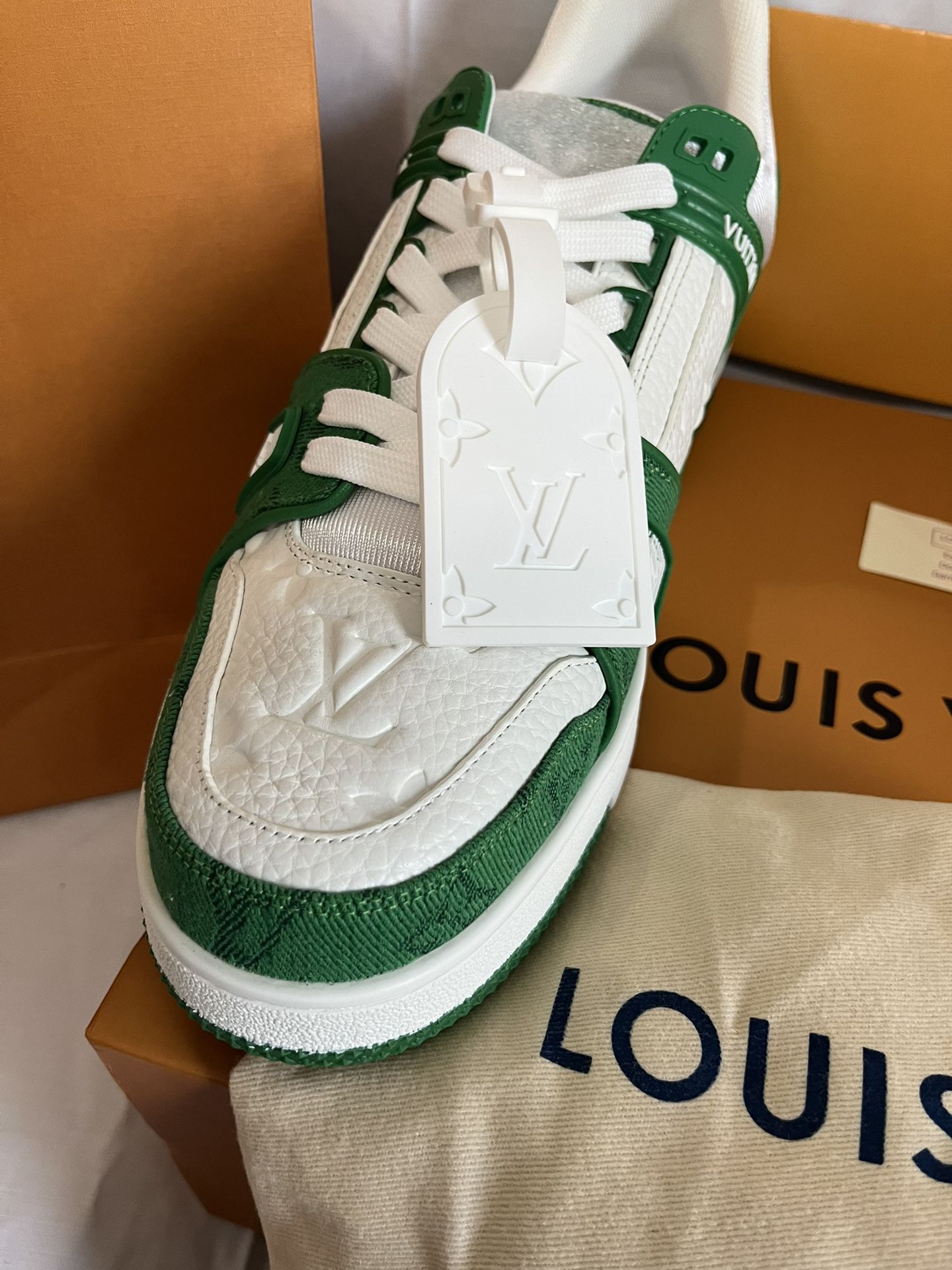 SALEOFF Louis Vuitton Trainer Green Monogram Denim White Sneaker