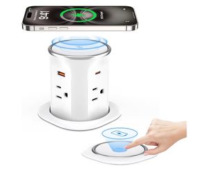 ANNQUAN 3.15" Motorized Pop Up Outlet Wireless Charger 20W USB White 6FT Pop Up Countertop Receptacle Max 20W Power Delivery Pop Up Electrical Outlet 