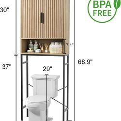 Over The Toilet Storage Cabinet with Fluted Doors and Adjustable Shelf, Tall Bathroom Organizer with Metal Stand Space Saver Over Toilet , Wood Rack f
