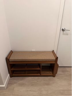 Bamboo Shoe Bench w/ Cushion, Hidden Drawer & Side Storage – 39.4” Like New