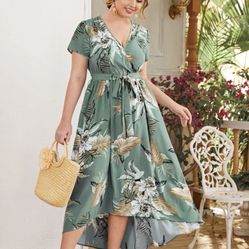 SHEIN Plus Surplice Neck Asymmetrical Hem Belted Tropical Dress