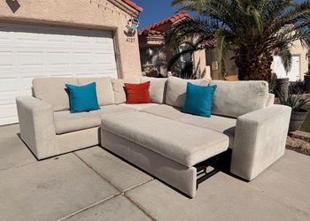 Sebastian Cream White Beige Fabric 109" 2 Piece L-Shaped Sectional with Right Arm Facing Convertible Futon Sleeper