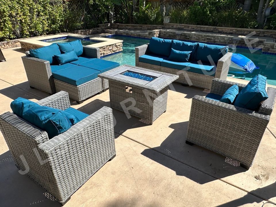 NEW🔥Outdoor Patio Furniture HDPE WICKER Grey with Peacock Blue 4" cushions and Firepit ASSEMBLED