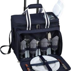 NEW Picnic At Ascot Insulated Cooler Picnic Rolling Roller Wheeled Picnic Tote Bag With plates Utensils, Wine Glasses
