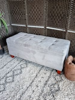Gray Faux Suede Tufted Storage Bench