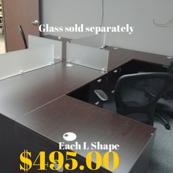 Desks Workstations   Pods  L Desks $365 No Drawer  /$495 With 1 Drawer Unit  / 4 Shown   / Privacy Glass Sold Separately