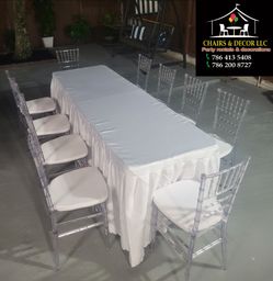 Chiavari chairs. Cushions. 
Table.
Cocktail tables.  tablecloths