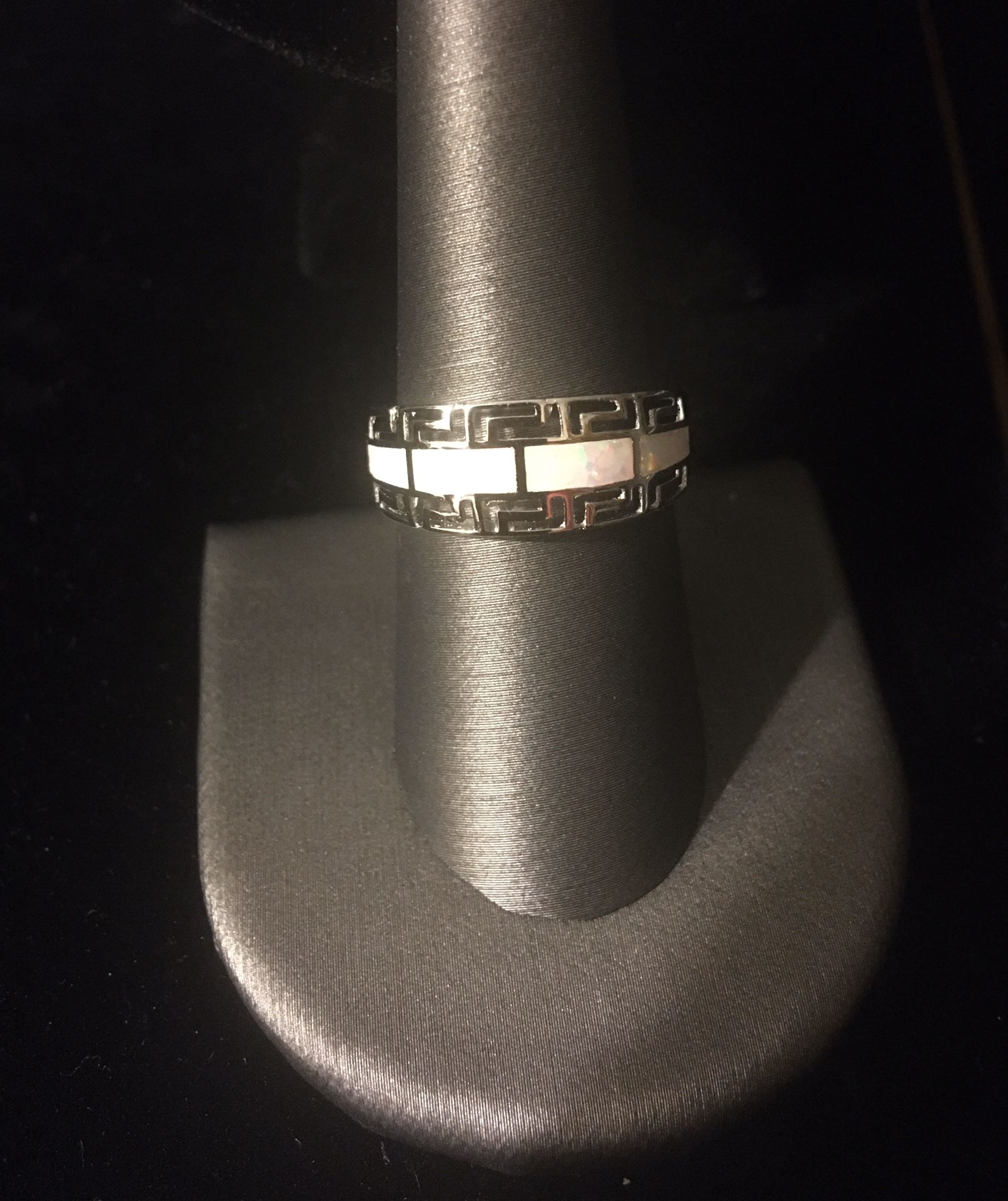 Sterling Silver Greek Pattern White Lab Opal Ring Sizes