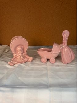 Vintage Pink Shawnee Pottery Baby Bonnet Planter 249 USA with Matching Stroller