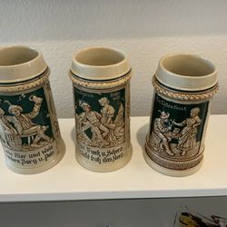 3 Vintage Original Ceramic Beer Stain Mugs,  Hand Made And Painted In Germany