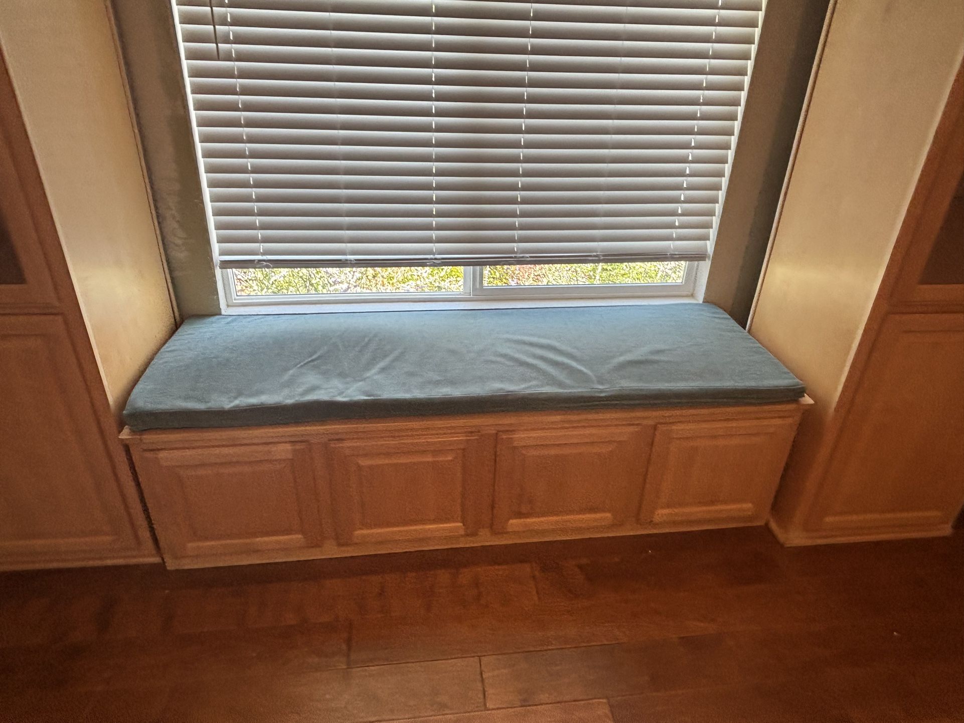 FREE! Lovely, three-piece maple window storage bench with two curio cabinets
