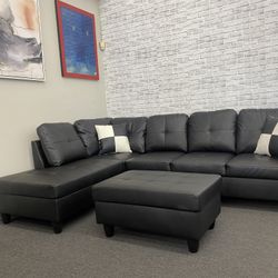 🔥GREAT PRICE🔥  Black 3PCS Sectional W/Storage Ottoman (Left Or Right Chaise) 👍90 days FREE FINANCING ❗NO CREDIT CHECK❗ 