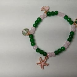 Green And Pink Beaded Seashell Charm Bracelet 