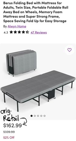 Berus Twin Folding Roll Away Bed with Memory Foam Mattress