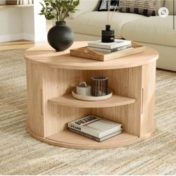 Nj-LINSY HOME Fluted Coffee Tabl e Round with Large Storage, Mid-Century Coffee Tabl e for Living Room with Sliding Tambour Door, Oak
